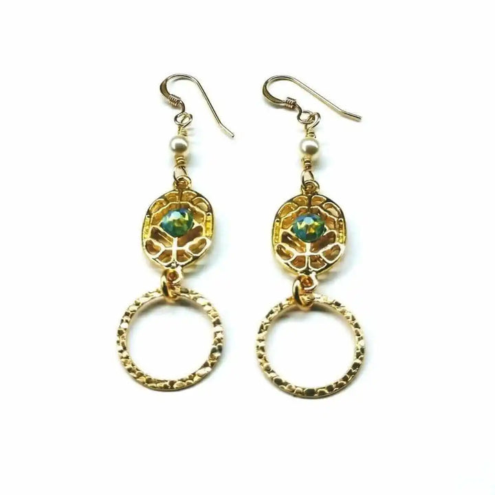 14 KT Gold Filled Green Crystal Circle Filigree Earrings with handmade design and sparkling crystals