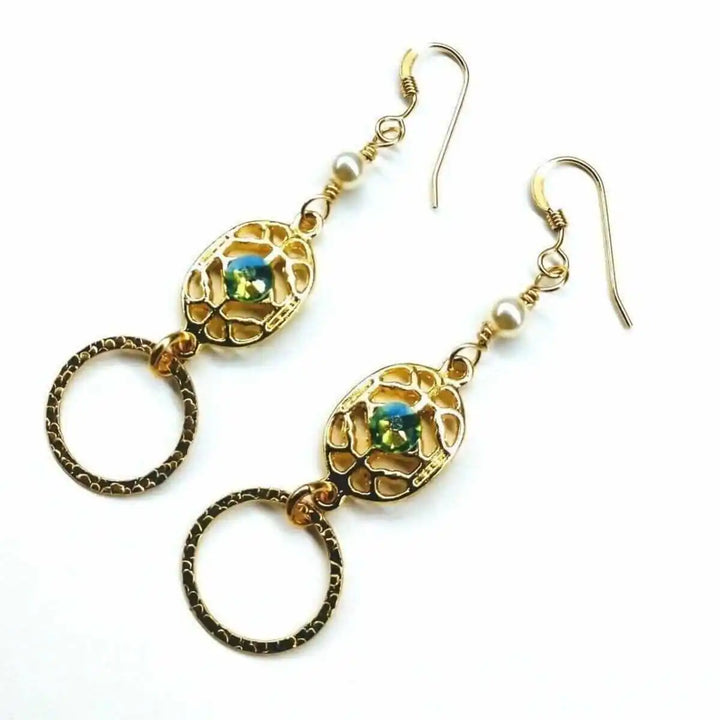 14 KT Gold Filled Green Crystal Circle Filigree Earrings with elegant design and sparkling green crystals.
