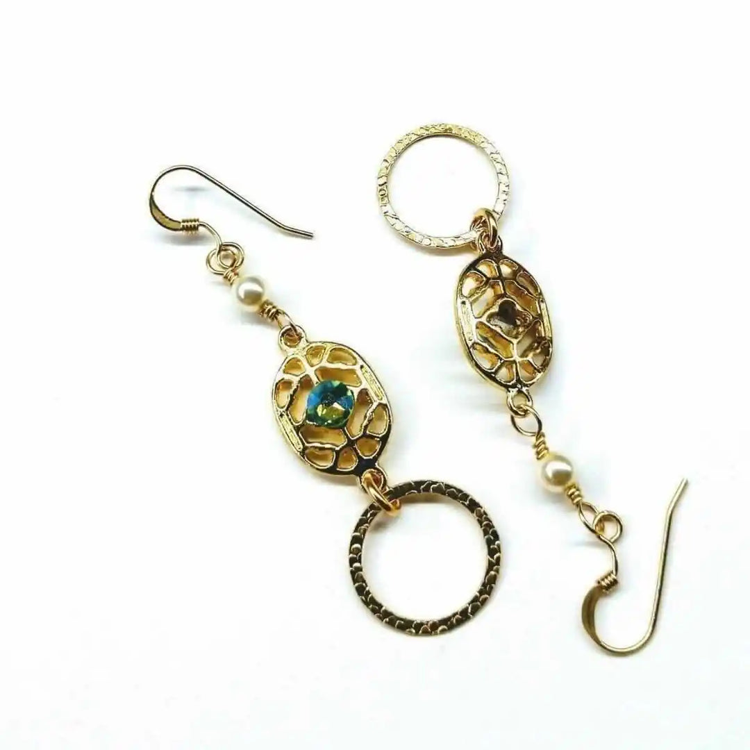 14 KT Gold Filled Green Crystal Circle Filigree Earrings showcasing elegant handmade design with sparkling crystals.