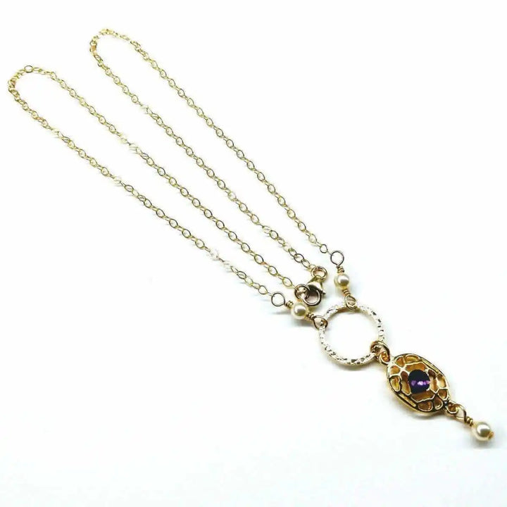 AMD114114 KT Gold Filled Hammered Circle Purple Crystal Filigree Pearl Necklace JewelryNecklace$ 119.00Alexa Martha Designs