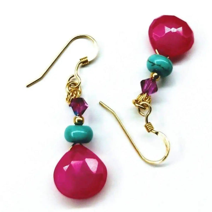 Gold Filled Wire Wrapped Pink And Aqua Gemstone Earrings featuring pink and aqua gemstones and gold filled hooks.