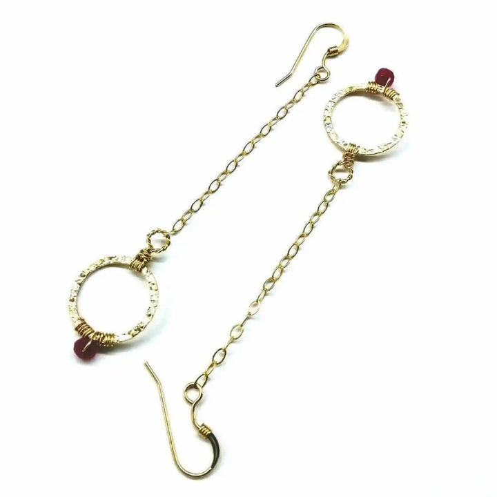 Gold Filled Wrapped Pink Chalcedony Open Circle Earrings with hand-hammered design and vibrant color.