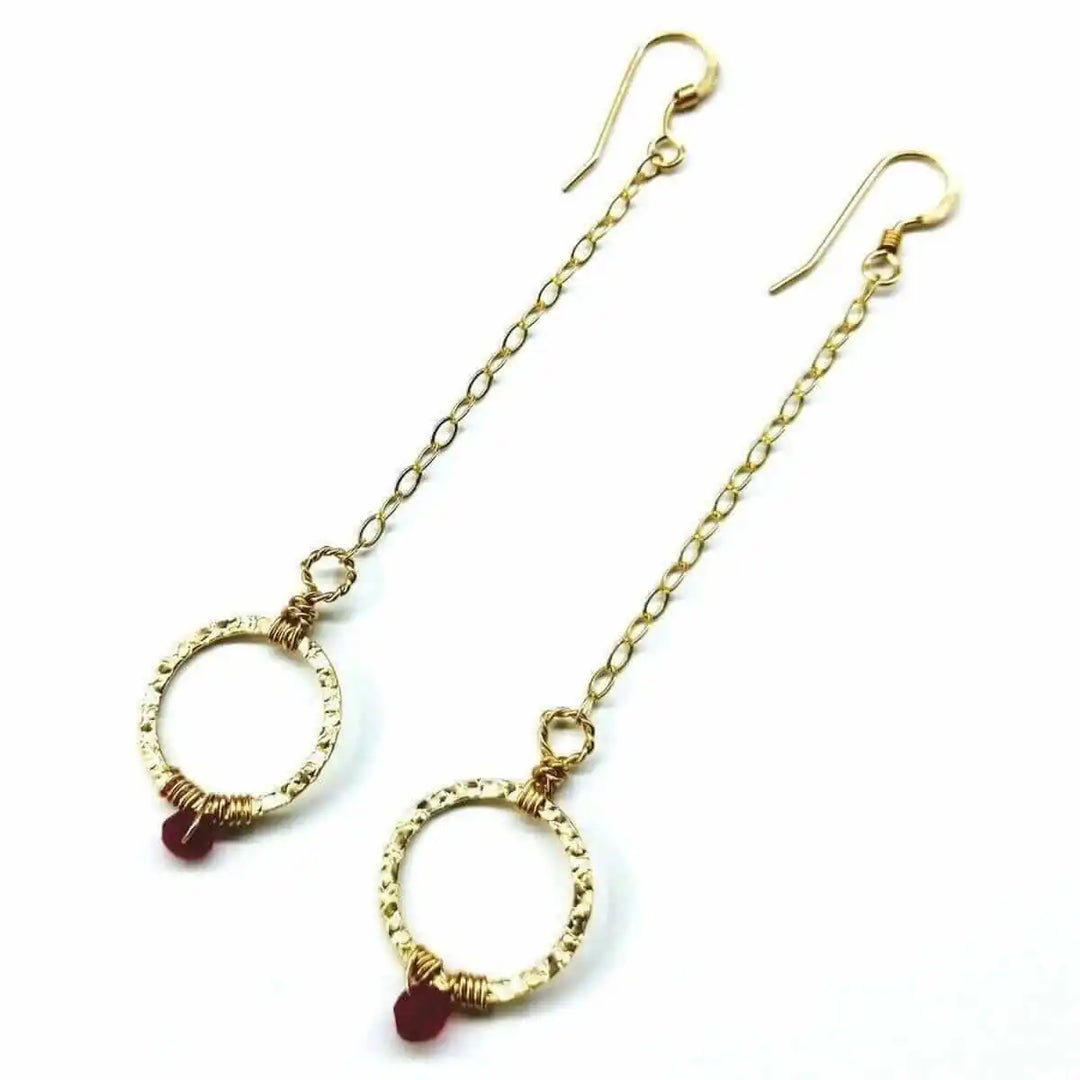 Gold Filled Wrapped Pink Chalcedony Open Circle Earrings featuring a hand-hammered gold filled design with vibrant gemstone.