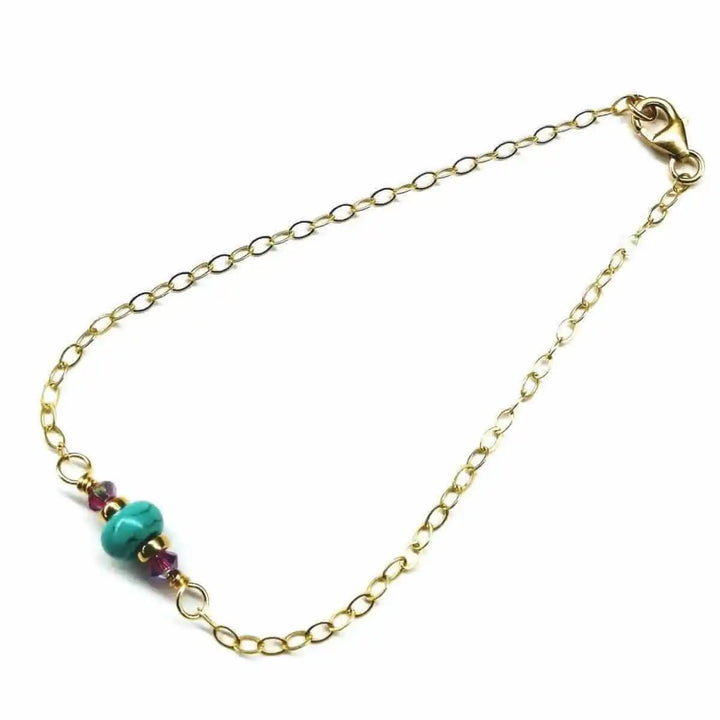 14K Gold Filled Pink and Turquoise Gemstone Dainty Bracelet featuring vibrant colors and a delicate gold chain.