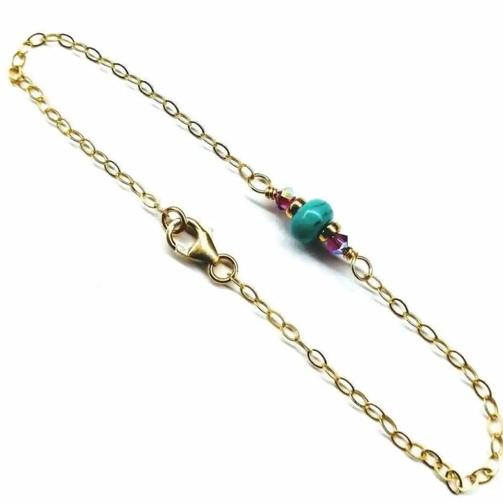 14K Gold Filled Pink and Turquoise Gemstone Dainty Bracelet featuring vibrant gemstones and gold-filled chain.