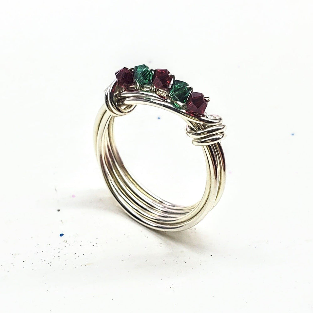 Limited Edition Silver Wire Wrapped Red Green Crystal Christmas Holiday Ring - Ring - Alexa Martha Designs   