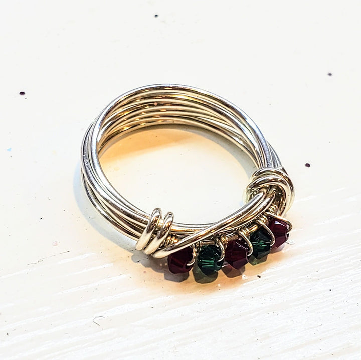 Limited Edition Silver Wire Wrapped Red Green Crystal Christmas Holiday Ring - Ring - Alexa Martha Designs   
