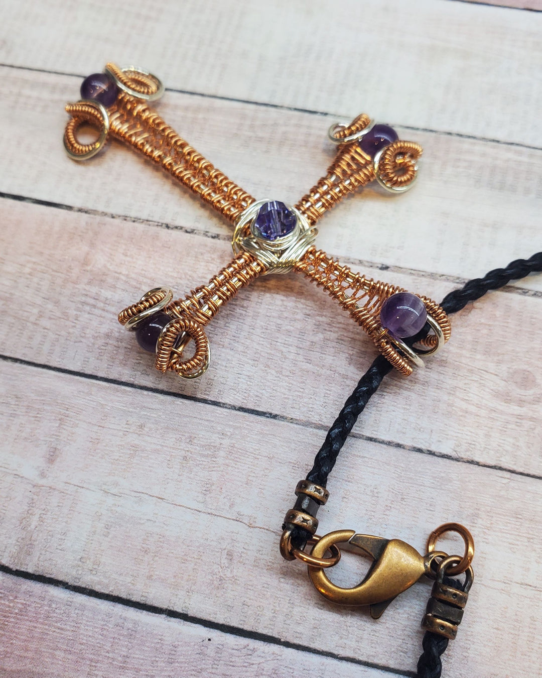 Large Intricate Amethyst Beaded Wire Woven Copper and Silver Cross Crystal Necklace