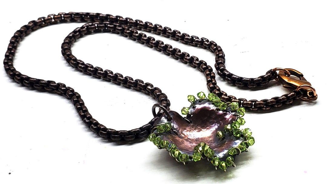 Hammered Sculpted Copper Green Crystal Shamrock Necklace - Necklace - Alexa Martha Designs   