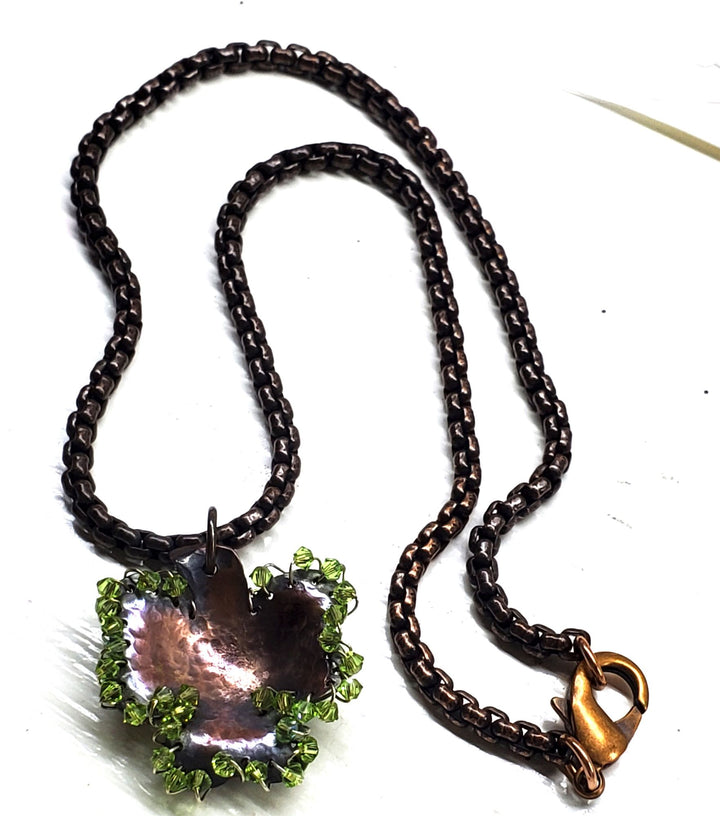 Hammered Sculpted Copper Green Crystal Shamrock Necklace - Necklace - Alexa Martha Designs   