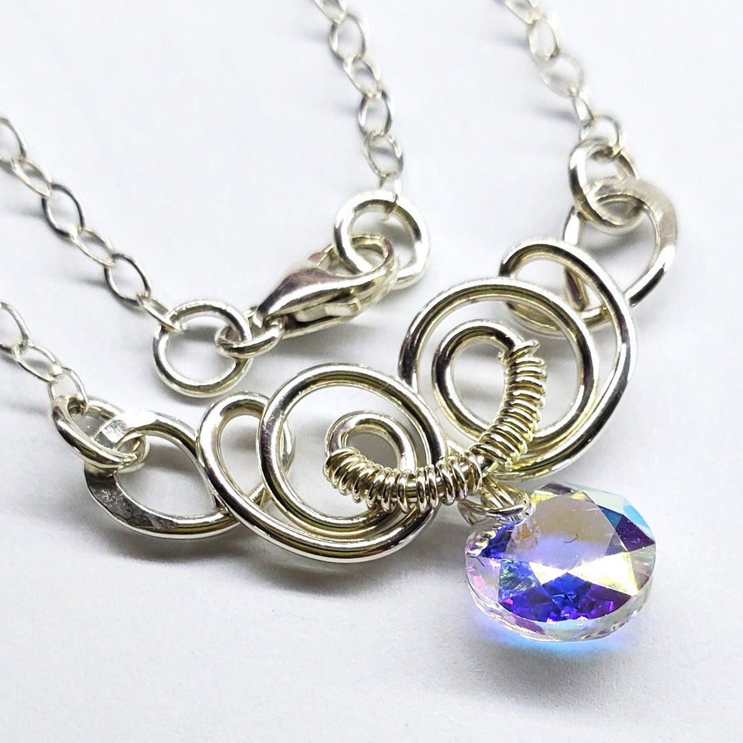 Silver Wire Sculpted Round Aqua Crystal Pendant Necklace
