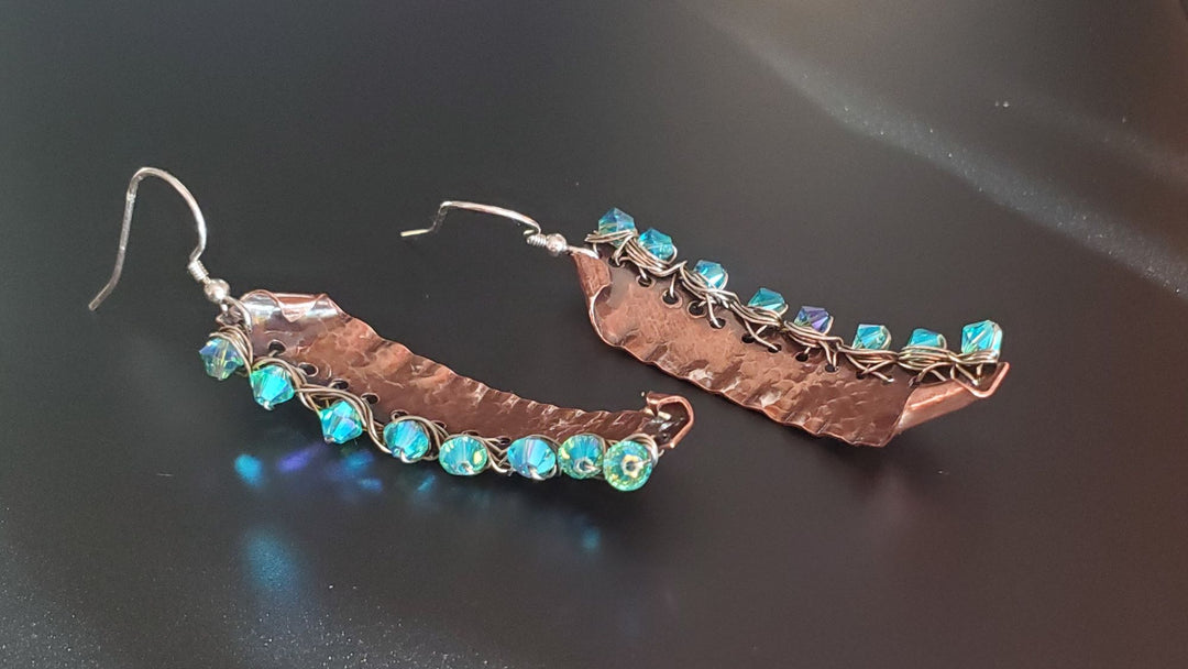 Blue Green Hammered Copper Bar  Crystal Earrings