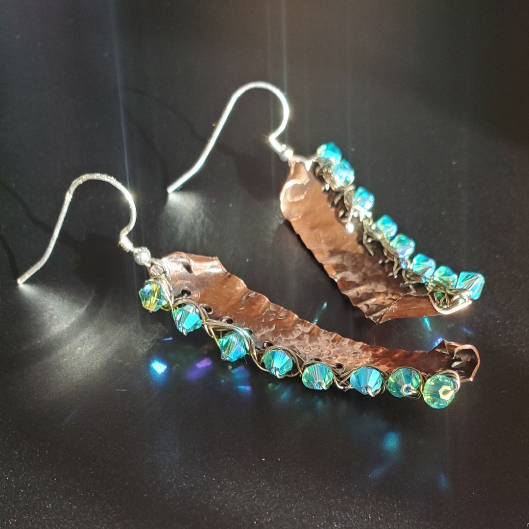 Blue Green Hammered Copper Bar  Crystal Earrings