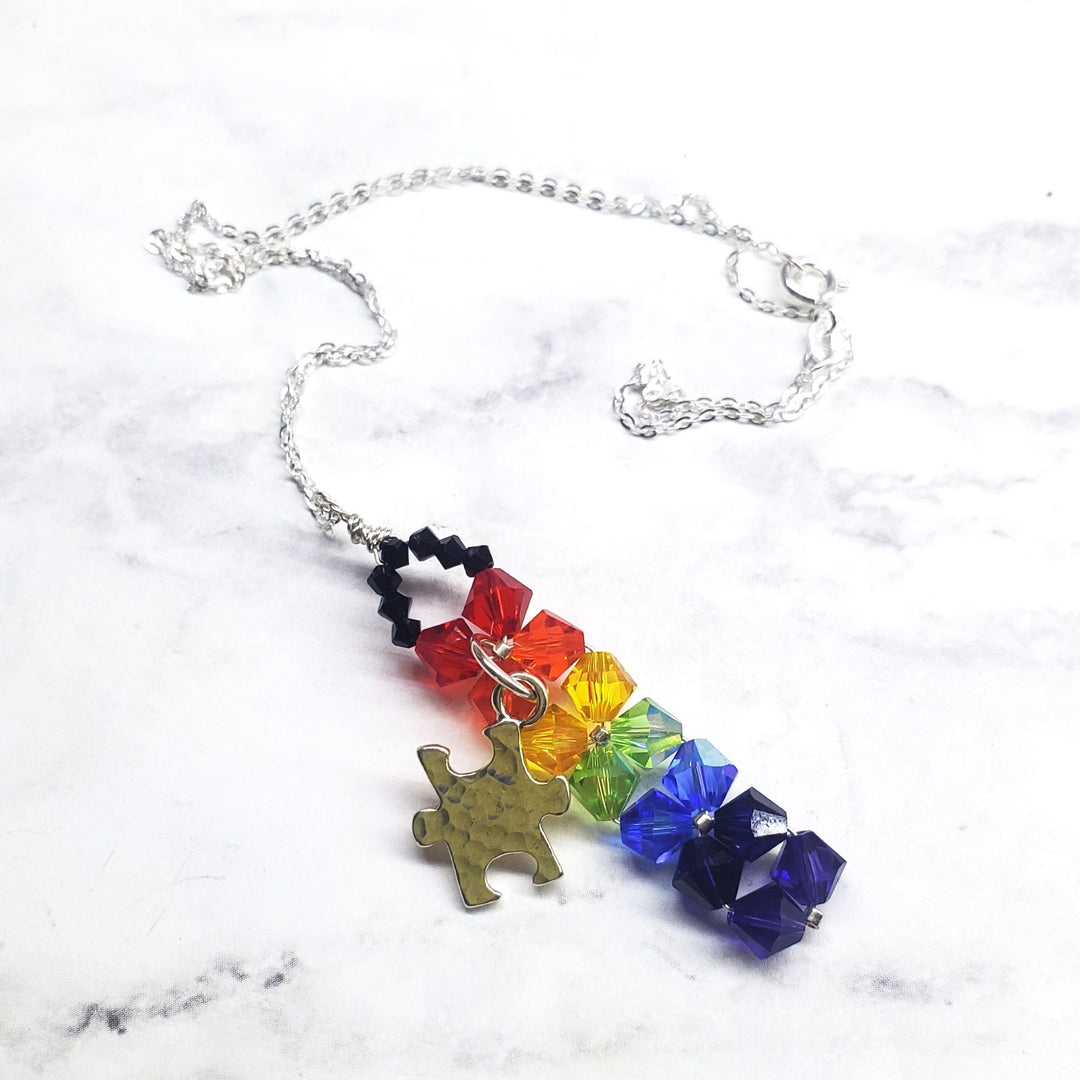 Wire Woven Rainbow Autism Puzzle Piece Bar Necklace-2024 Limited Edition