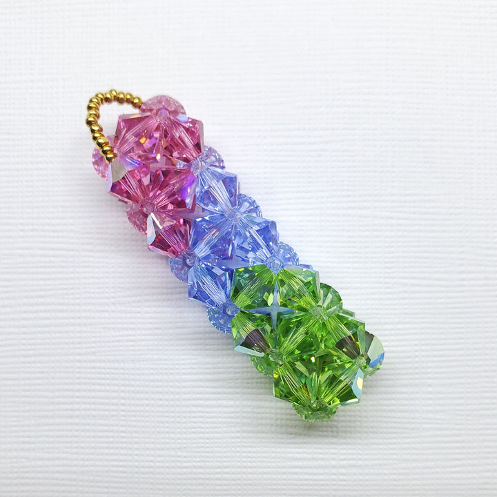 Super Sparkly Crystal Pillar Pendant in Green Blue And Rose with Optional Necklace