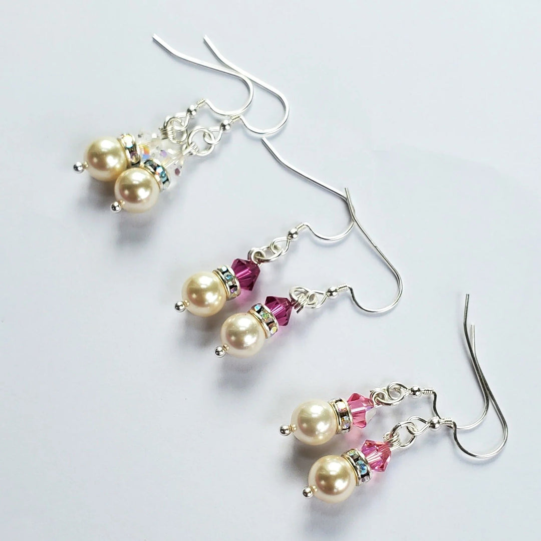 Silver Swarovski Crystal Pearl Stack Earrings in Various Colors