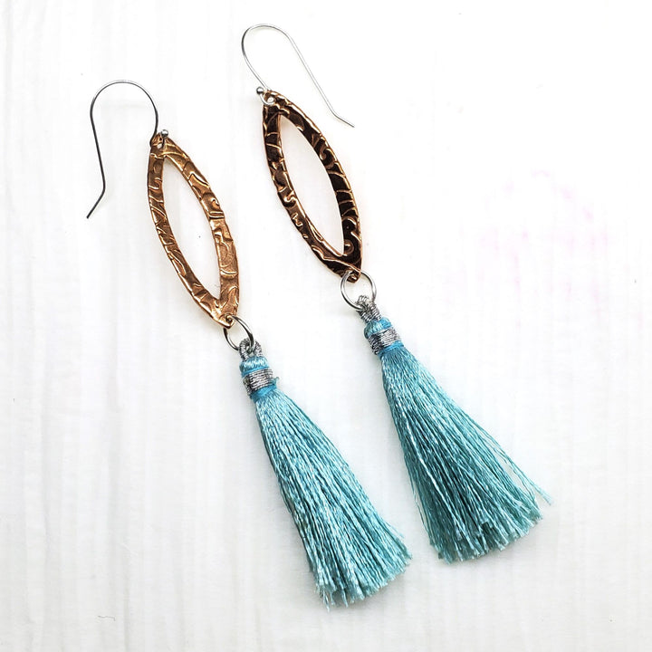 Long Copper Embossed Filigree Silk Tassel Earrings - Earrings - Alexa Martha Designs   