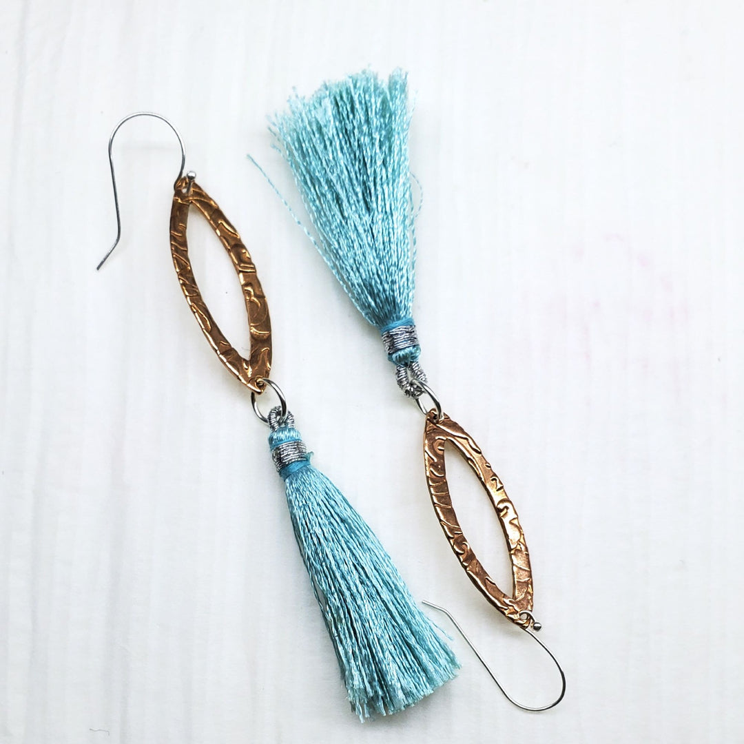 Long Copper Embossed Filigree Silk Tassel Earrings