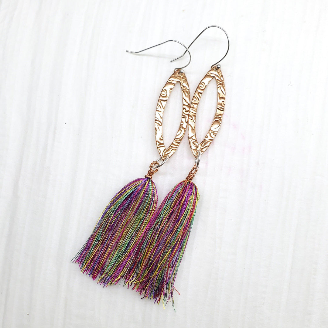 Long Copper Embossed Filigree Silk Tassel Earrings