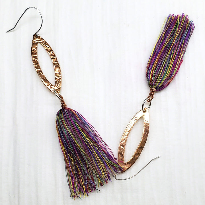 Long Copper Embossed Filigree Silk Tassel Earrings