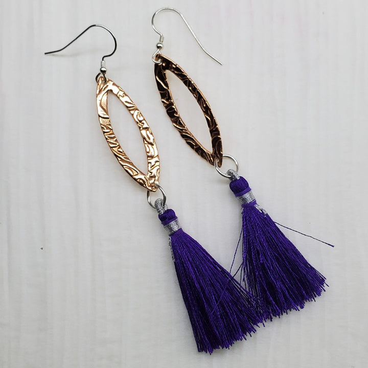 Long Copper Embossed Filigree Silk Tassel Earrings