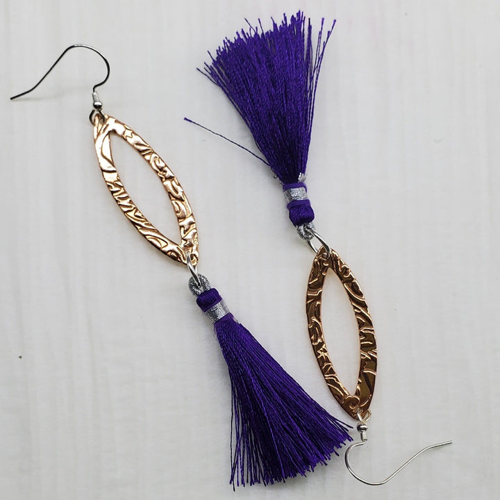 Long Copper Embossed Filigree Silk Tassel Earrings - Earrings - Alexa Martha Designs   