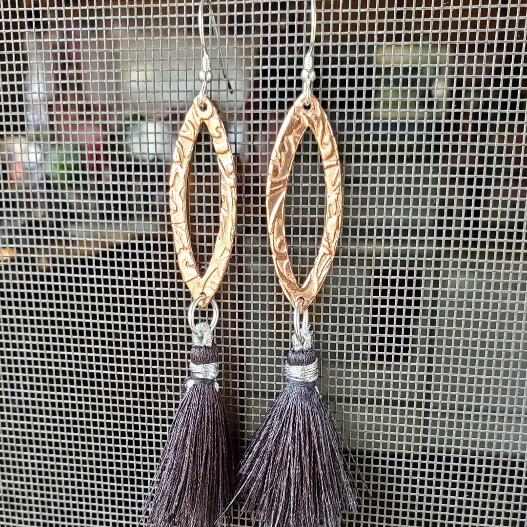 Long Copper Embossed Filigree Silk Tassel Earrings - Earrings - Alexa Martha Designs   