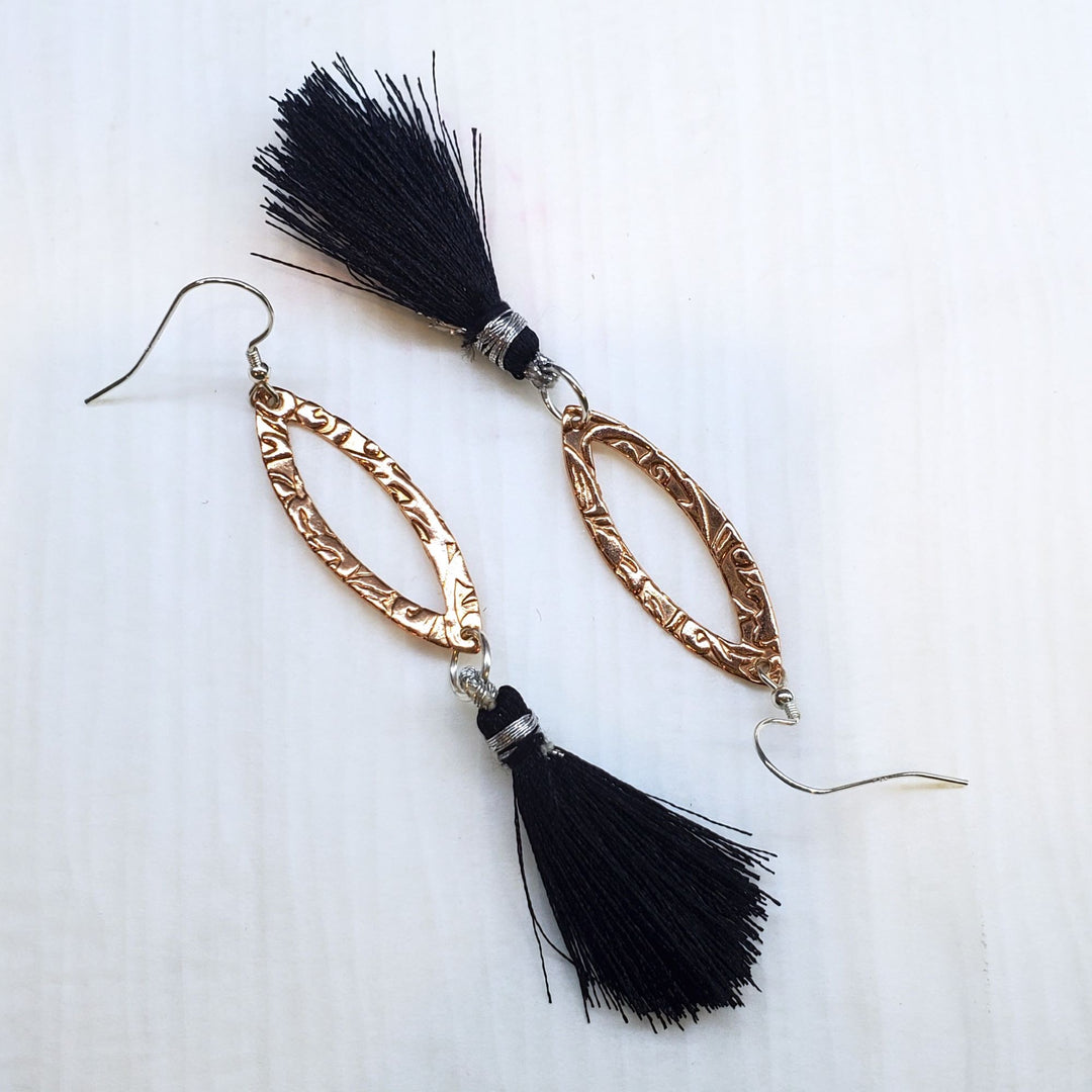 Long Copper Embossed Filigree Silk Tassel Earrings