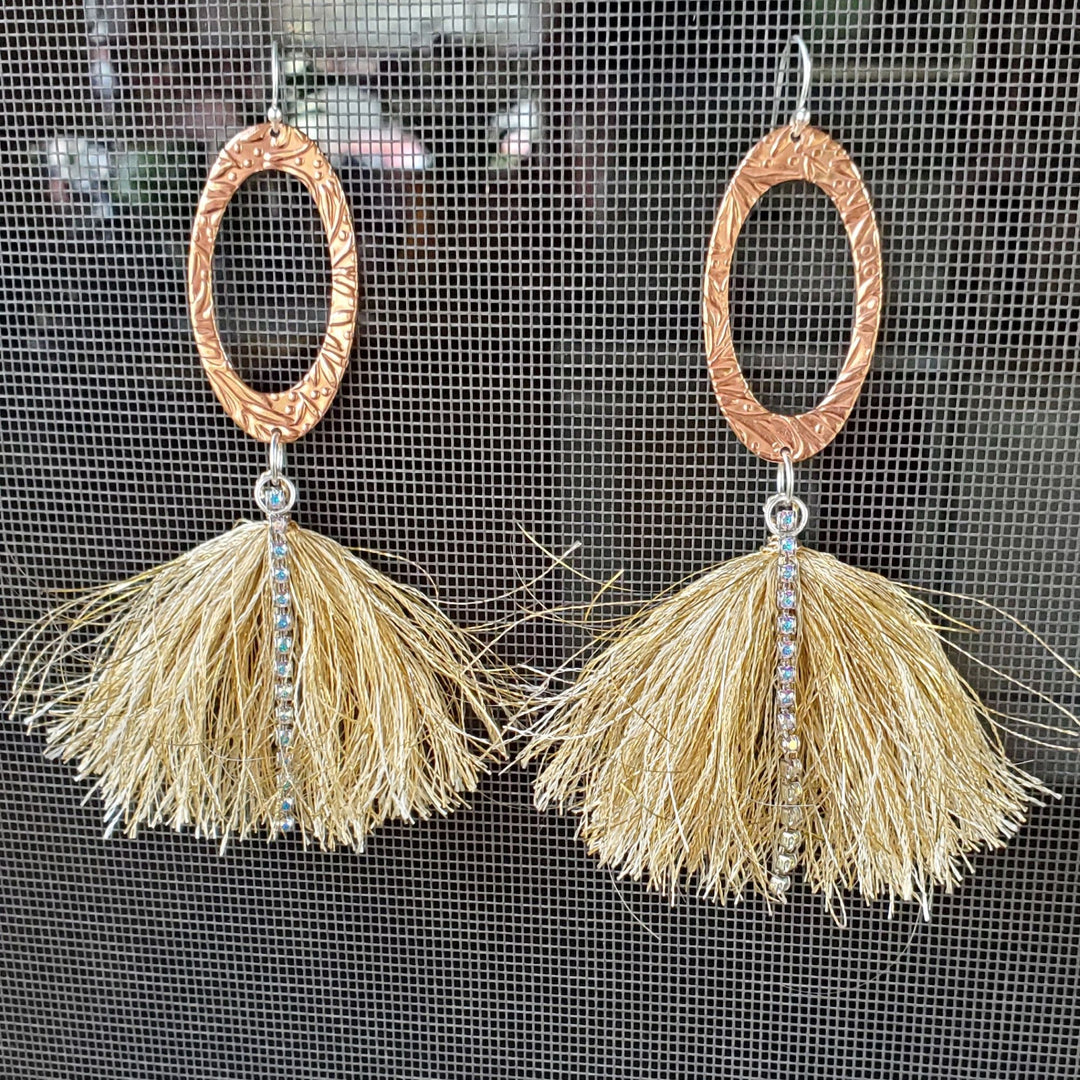 Long Copper Pointed Oval Embossed Gold Metal Thread Fan Tassel Earrings - Earrings - Alexa Martha Designs   