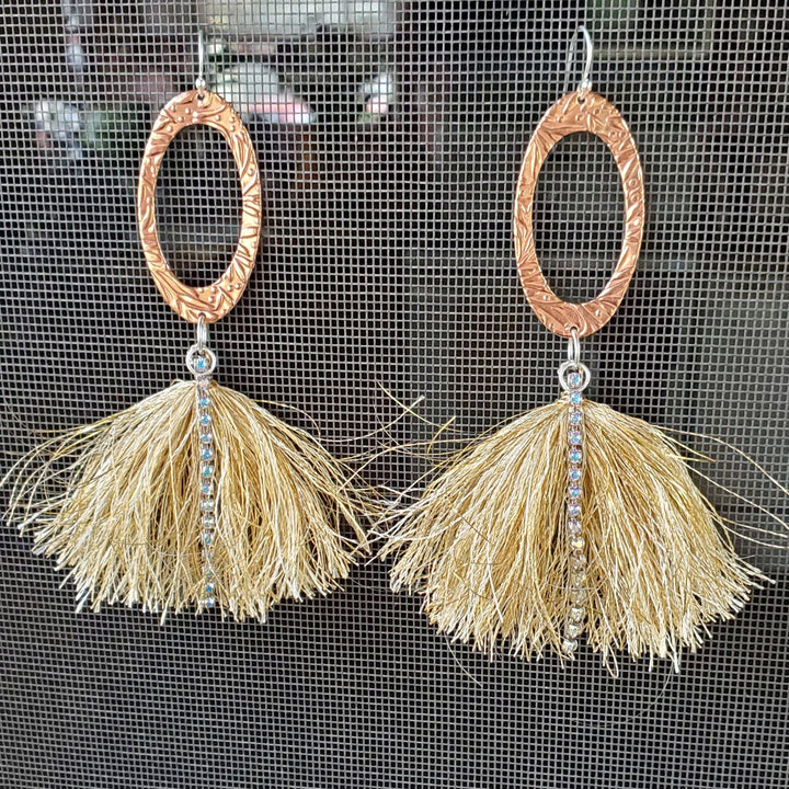 Long Copper Pointed Oval Embossed Gold Metal Thread Fan Tassel Earrings - Earrings - Alexa Martha Designs   