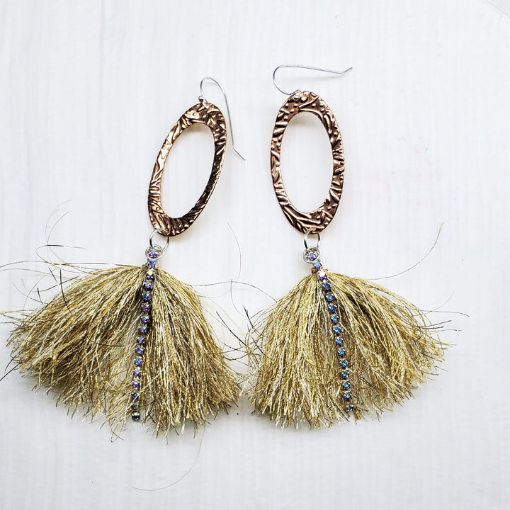 Long Copper Pointed Oval Embossed Gold Metal Thread Fan Tassel Earrings