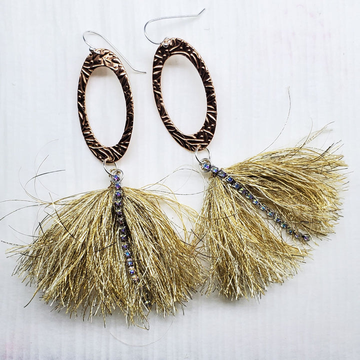 Long Copper Pointed Oval Embossed Gold Metal Thread Fan Tassel Earrings