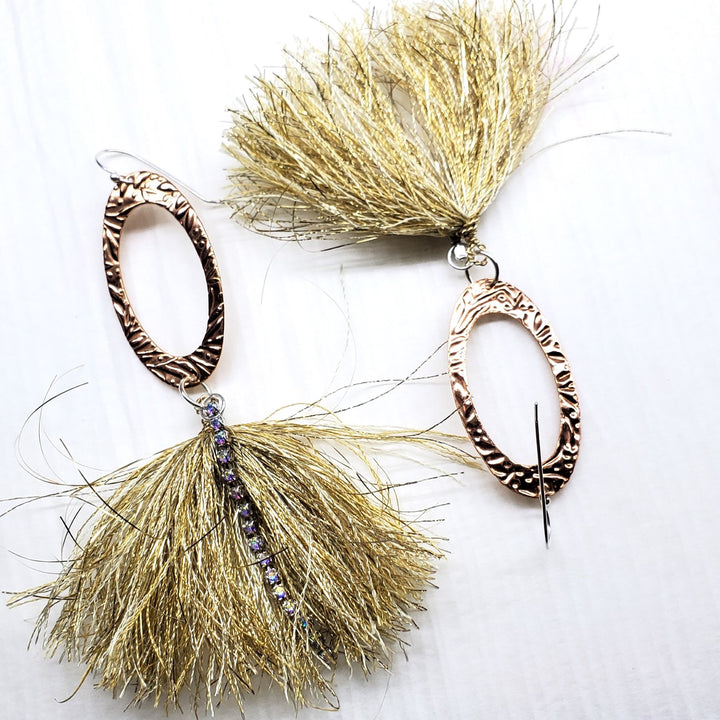 Long Copper Pointed Oval Embossed Gold Metal Thread Fan Tassel Earrings - Earrings - Alexa Martha Designs   