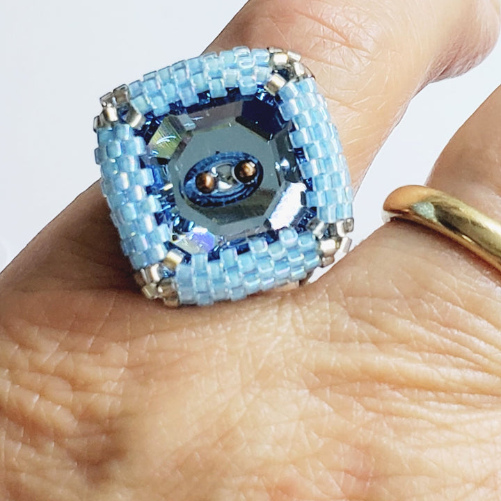 Adjustable Copper Aqua Crystal Bezel Shank Button Ring AS SEEN ON Asia Monet Ray