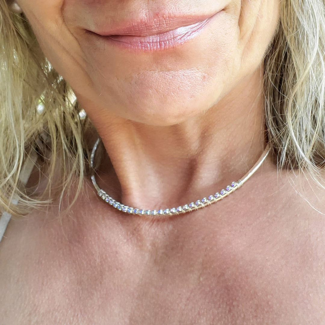 AMD1312 Heavy Gauge 925 Silver Wire Wrapped Swarovski Crystal Choker Necklace - Choker Necklace - Alexa Martha Designs   