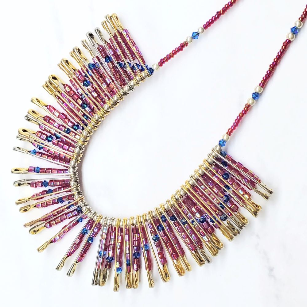Sparkly Beaded Red Blue Swarovski Crystal Zig Zag Safety Pin Bib Choker Necklace