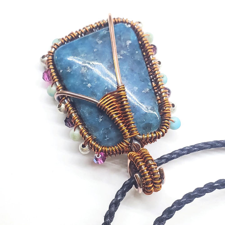 Reversible Copper Wire Wrapped Dancing Ballerina Teal Dyed Kiwi Stone Pendant Necklace