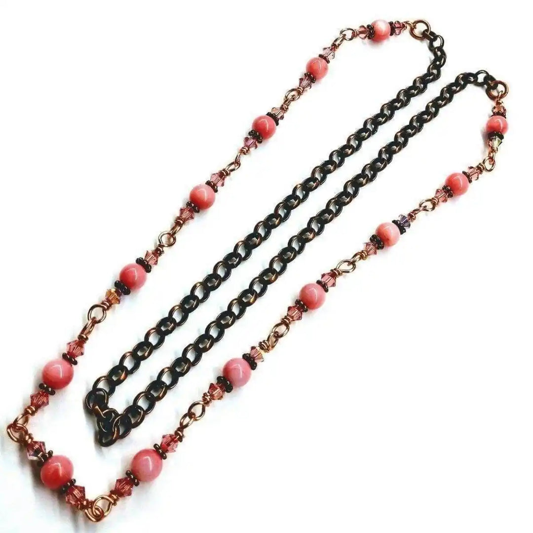 24-Inch Copper Peach Pearl Crystal Wire Wrapped Necklace featuring peach mother of pearl and Swarovski crystals.