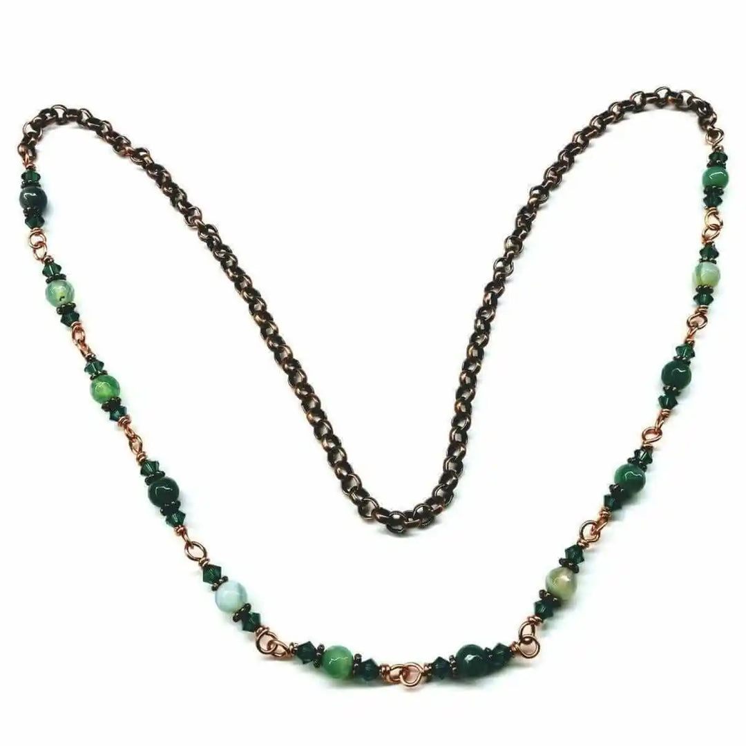 24 inches emerald agate wire wrapped necklace showcasing multi-toned emerald agate and sparkling Swarovski crystals.