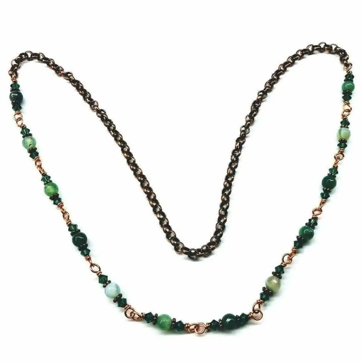 24 inches emerald agate wire wrapped necklace showcasing multi-toned emerald agate and sparkling Swarovski crystals.