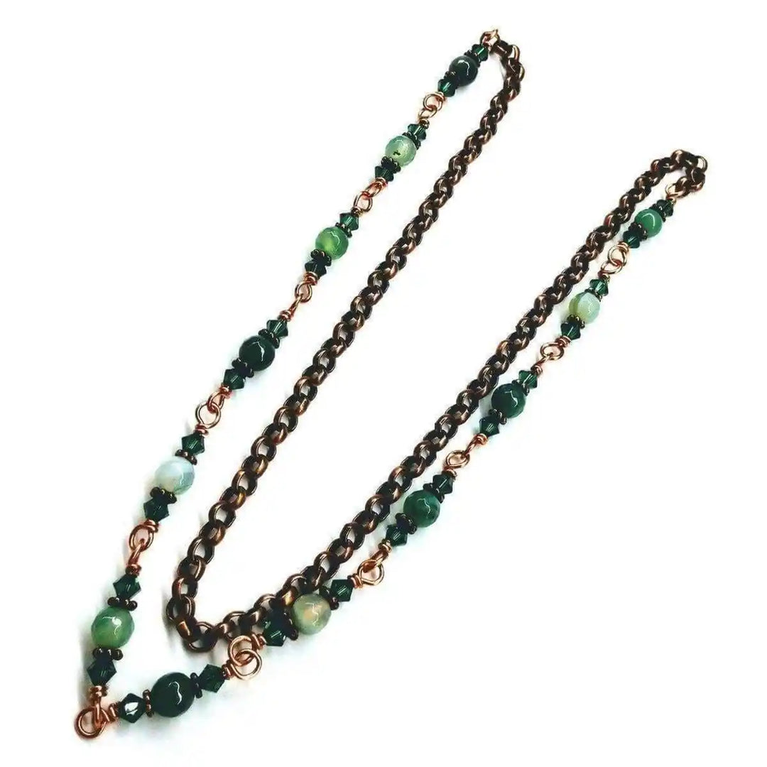 24 inches emerald agate wire wrapped necklace featuring emerald-striped agate and Swarovski crystals.