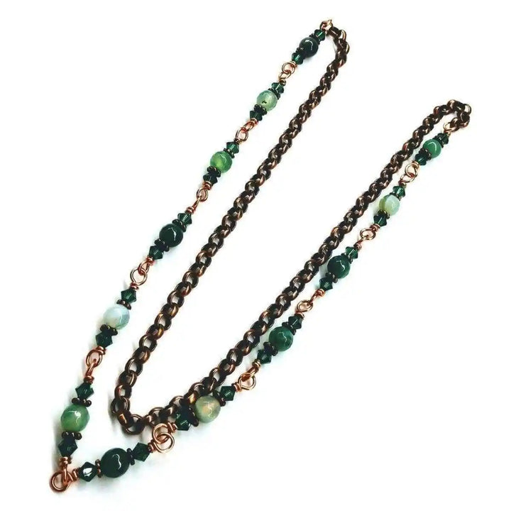24 inches emerald agate wire wrapped necklace featuring emerald-striped agate and Swarovski crystals.