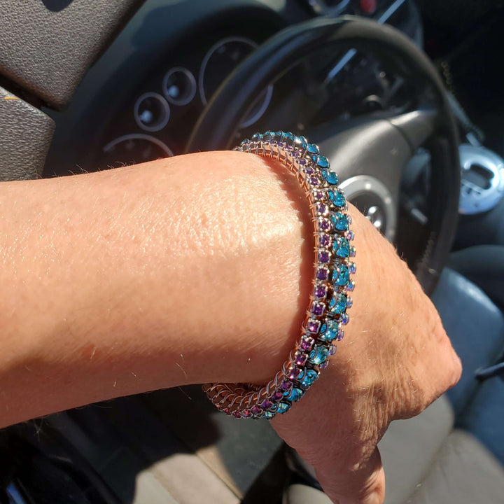 Handmade Hammered Sculpted Wire Wrapped Three Color Crystal Glamor Bangle