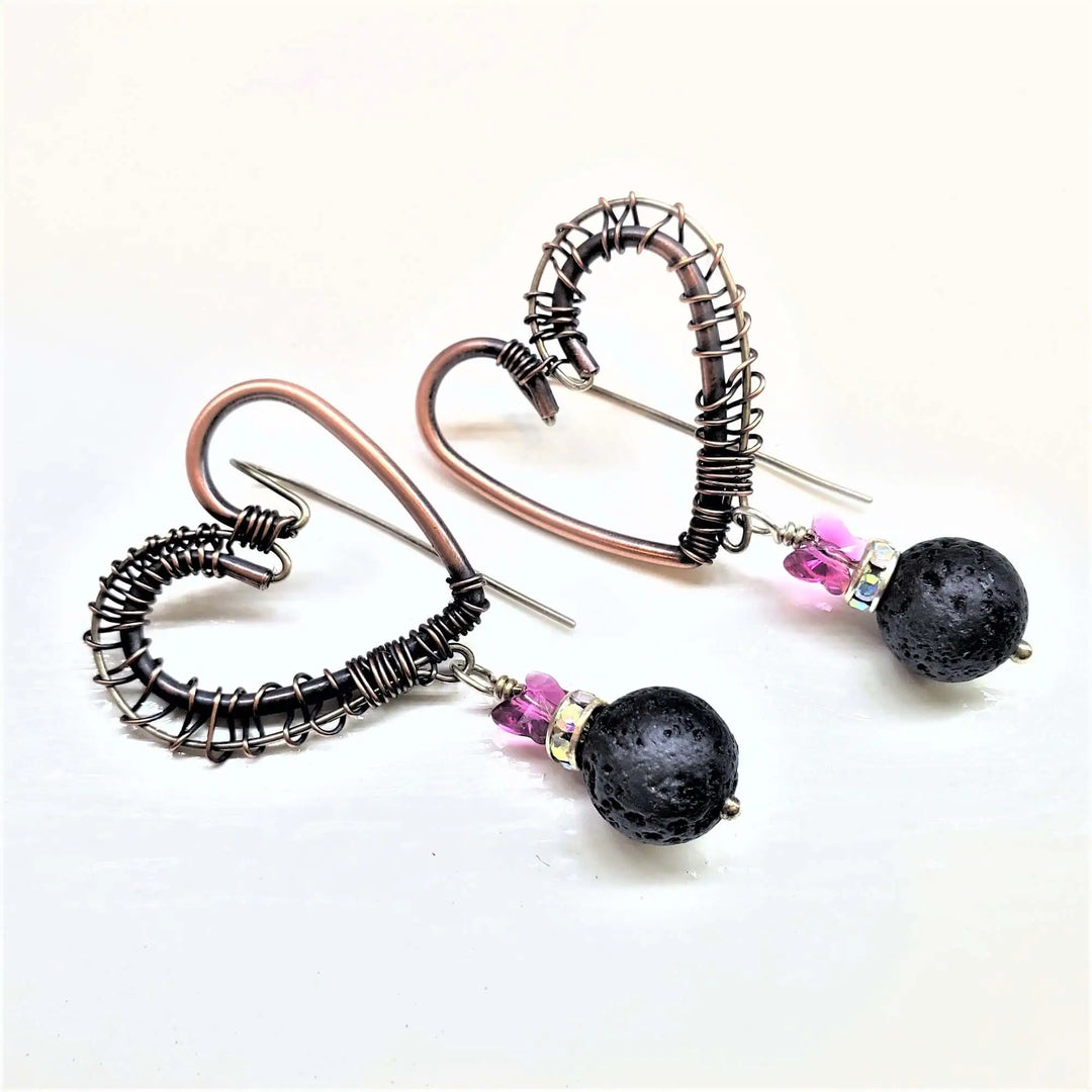 Copper Sculpted Heart Hoop Crystal Lava Rock Earrings with pink beads and black lava rocks.