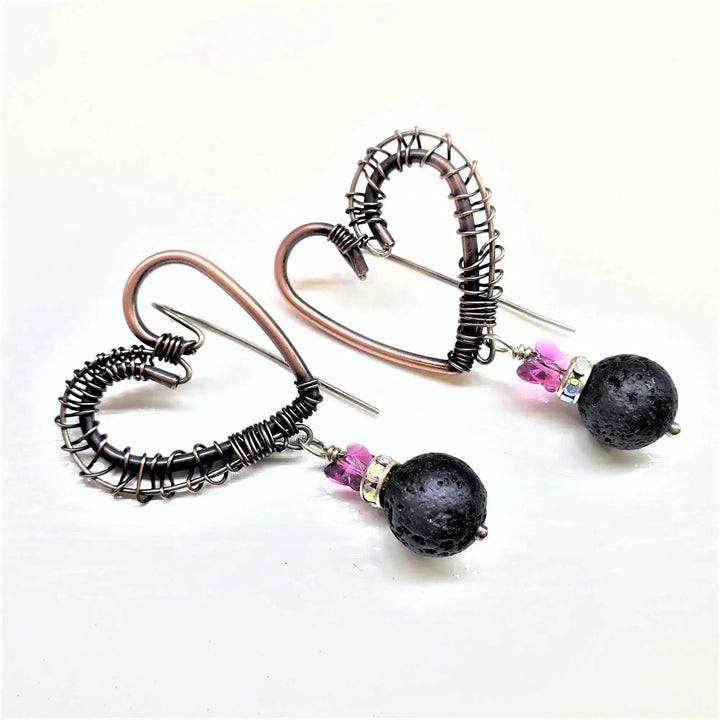 Copper Sculpted Heart Hoop Crystal Lava Rock Earrings with pink beads and black lava rocks.