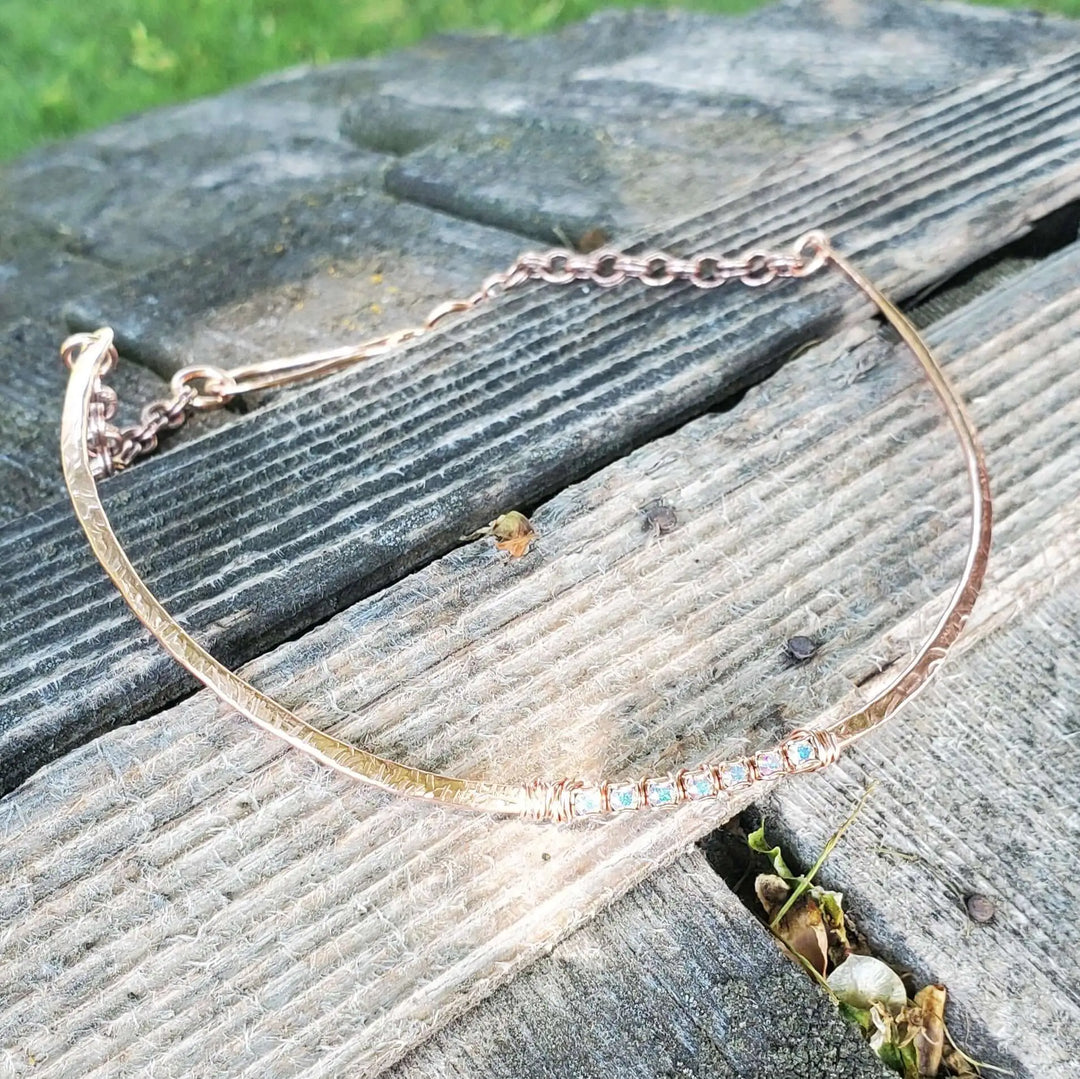 Handmade 7-year anniversary Copper Crystal Choker Set displayed on rustic wood background.