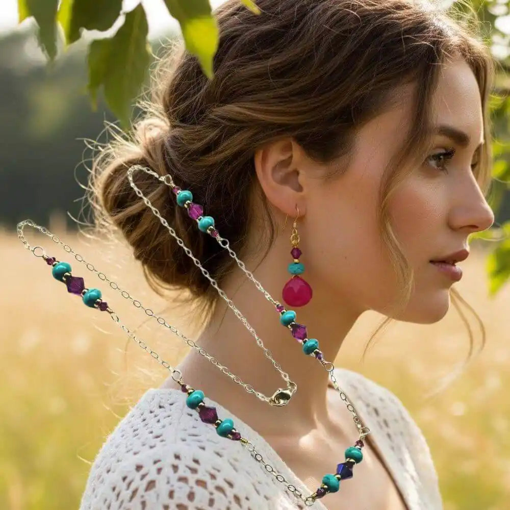 8-Piece Pink &amp; Turquoise Gemstone Jewelry Bundle Save 35 worn by a model in a natural setting.