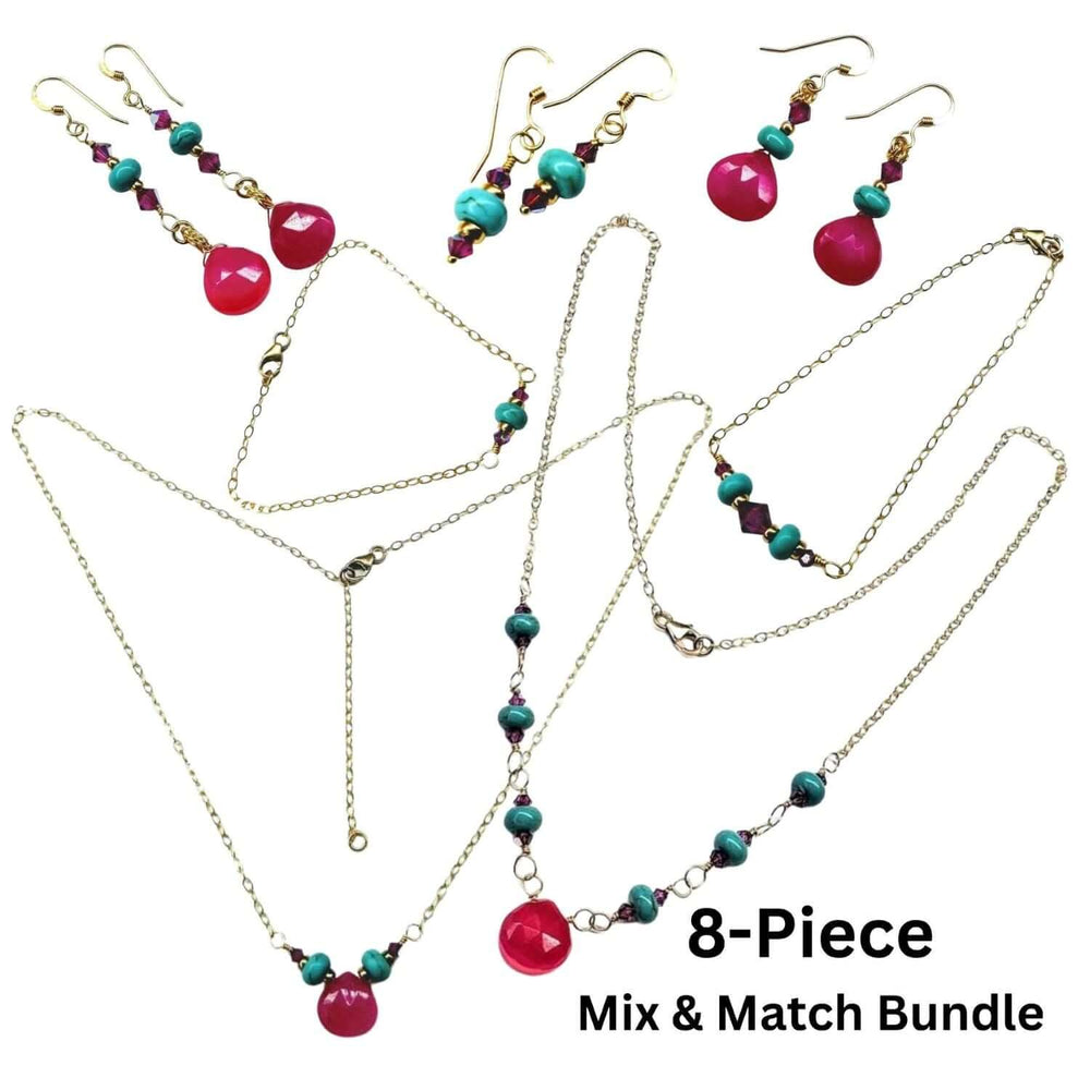 8-piece jewelry bundle with necklaces and earrings featuring pink and turquoise beads on a white background.