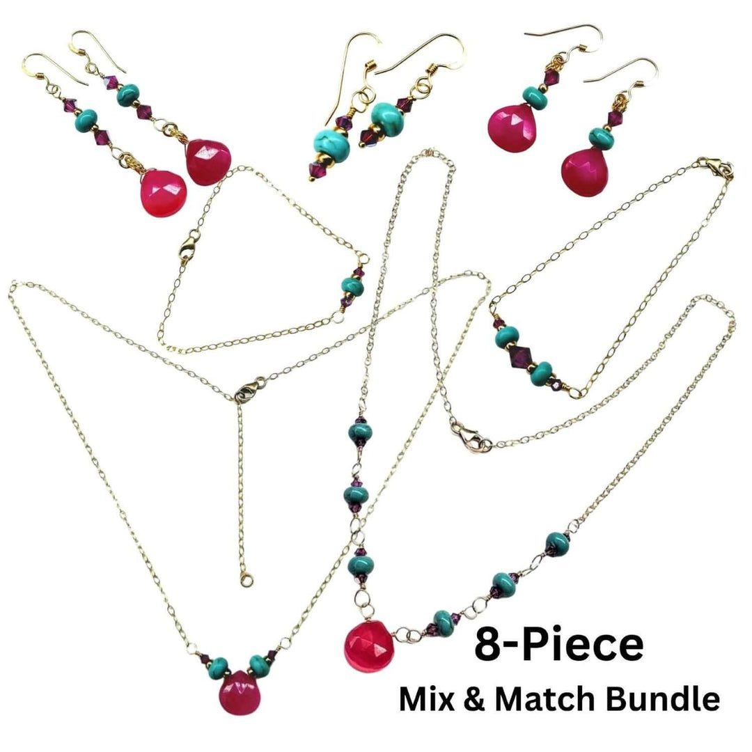 8-piece jewelry bundle with necklaces and earrings featuring pink and turquoise beads on a white background.