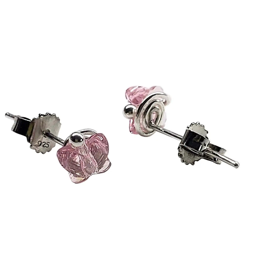 5mm Spiral Butterfly Earring Studs featuring pink Swarovski crystals and sterling silver details.